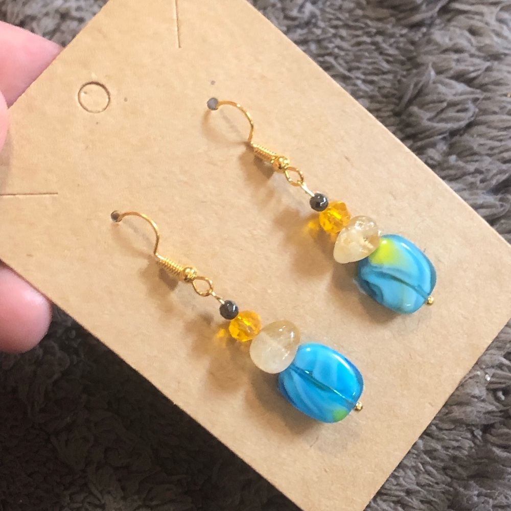 Handcrafted genuine citrine art glass hematite elegant dangle earrings